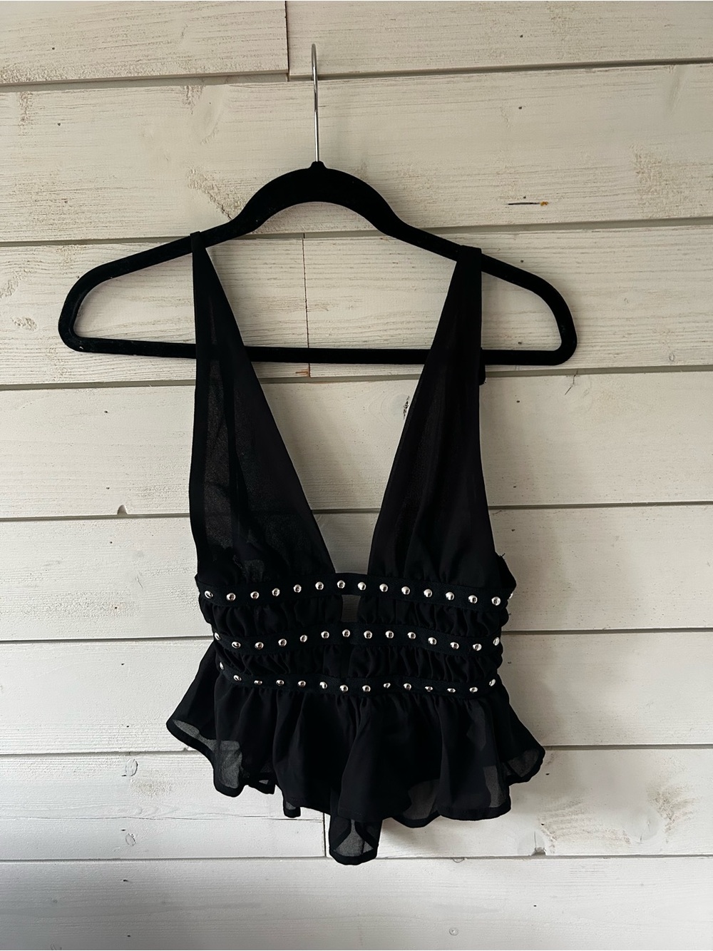 Black Stud-Embellished Peplum V-Neck Women’s Top